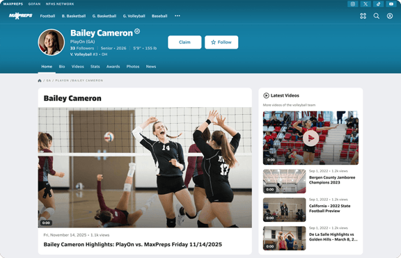 High School athlete MaxPreps player profile, featuring a top highlights article.