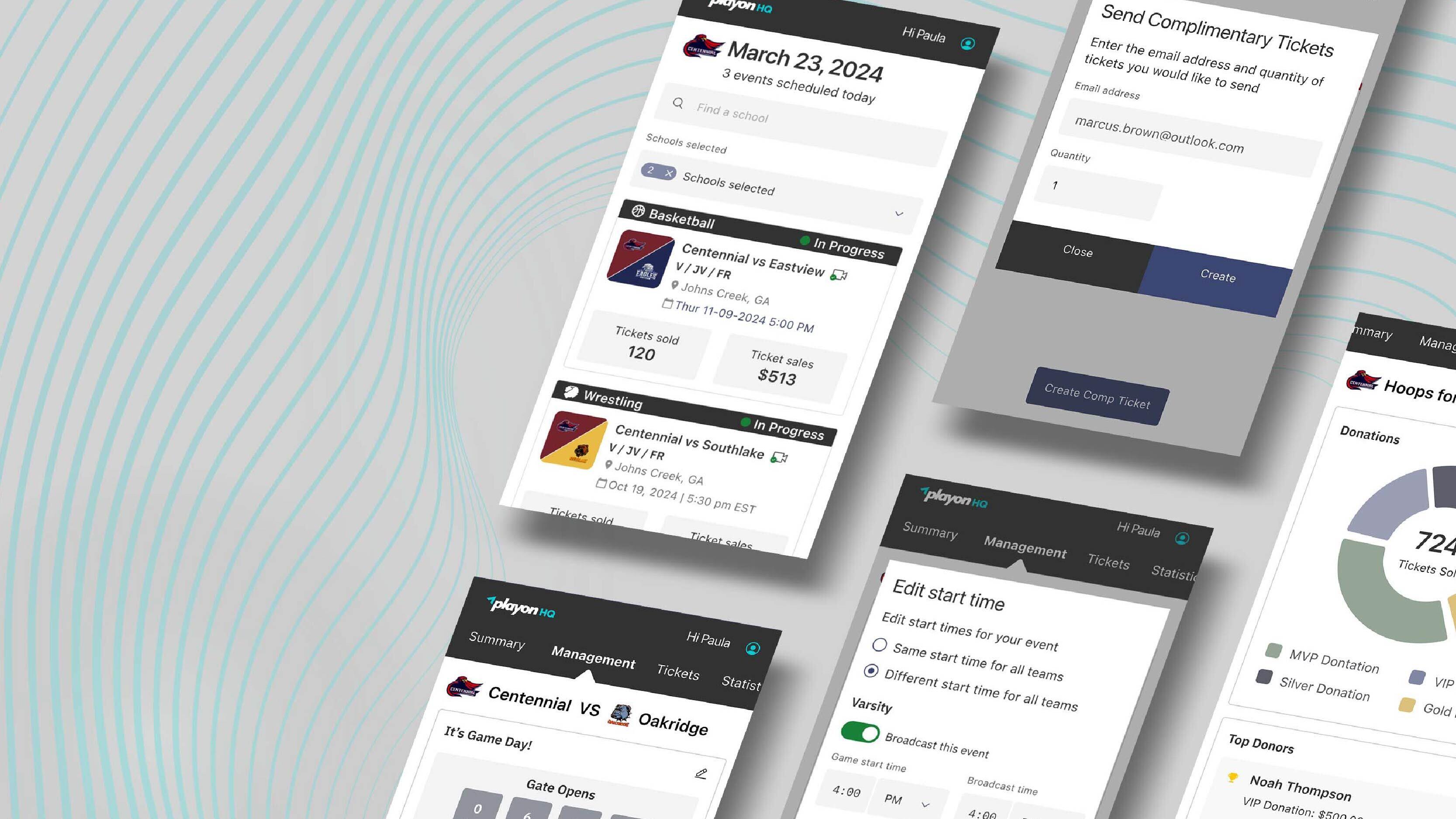 Phone screens with PlayOn HQ apps open